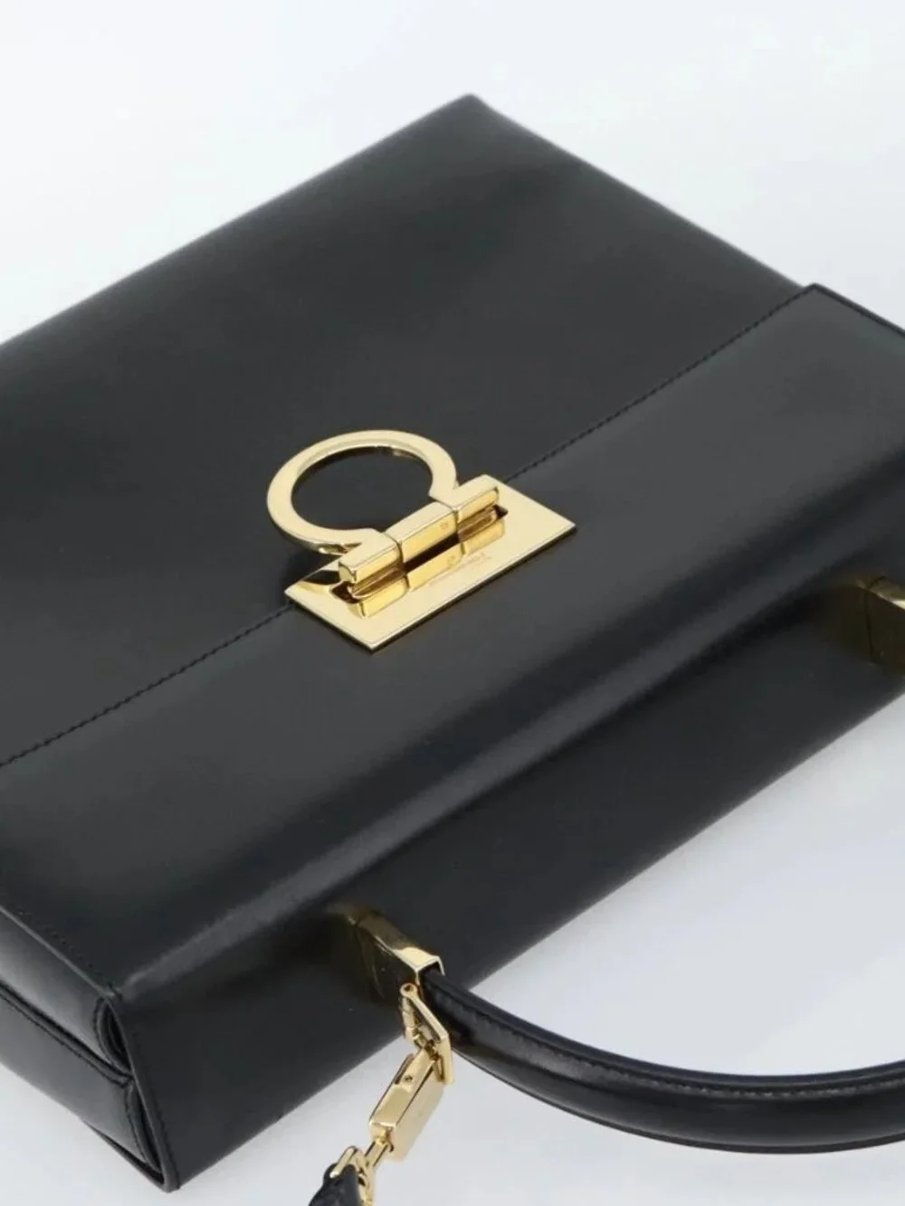 Salvatore Ferragamo Gancini Hand Bag Leather 2way Black Gold Auth 186113V